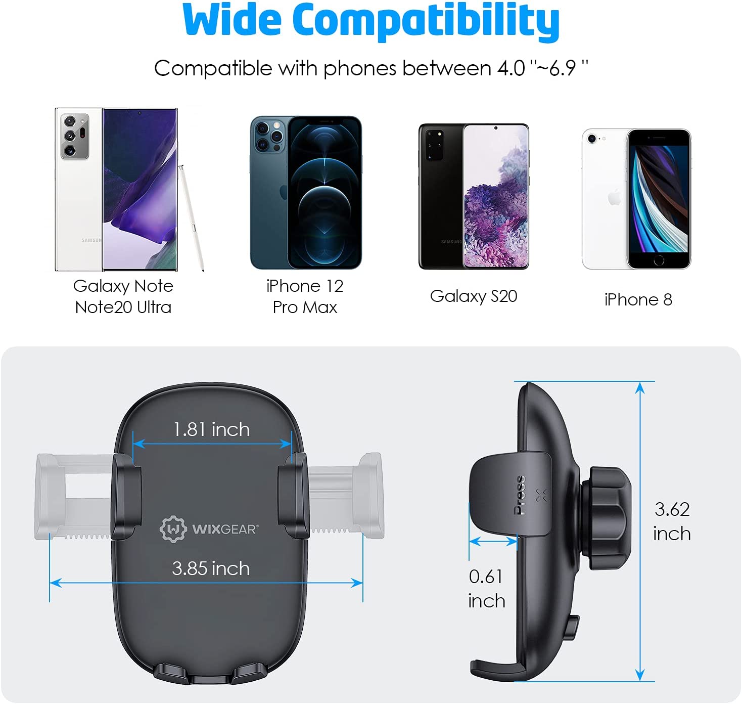 Wixgear Phone Holder for Car, Universal Dashboard Curved Phone Car Suction Cup Mount Holder for Cell Phone 360 Degree Rotation Compatible with All